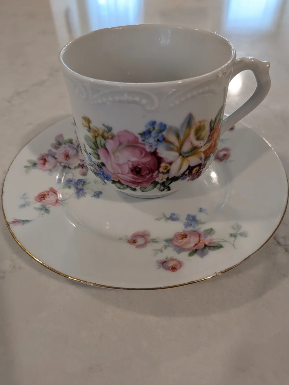 Germany Porcelain Teacup and Saucer - White with Pink Rose Pattern Different Mak